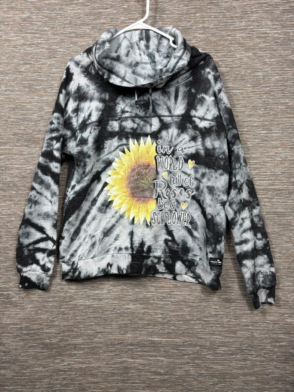 Simply Southern Tie Dye Cowl Neck Fleece Sweatshirt Black Gray Womens Size L